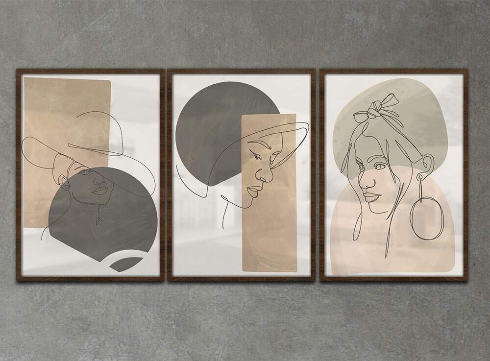 Kit 3 Quadros Decorativos Minimalista Tra�os de Mulher com Detalhe Bege