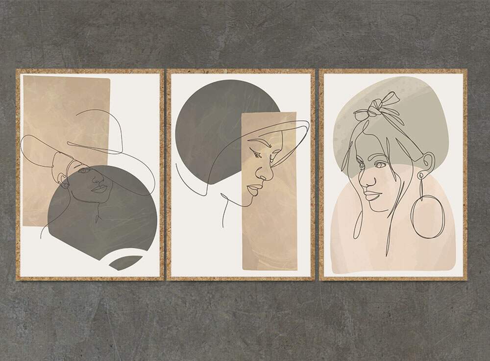 Kit 3 Quadros Decorativos Minimalista Tra�os de Mulher com Detalhe Bege