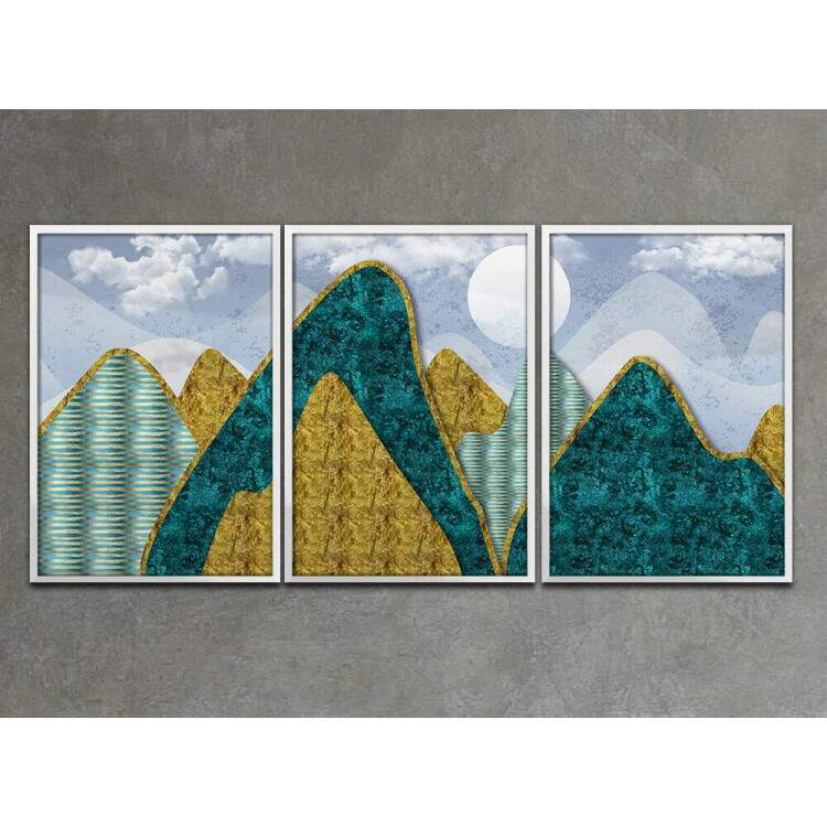 Kit 3 Quadros Decorativos Abstrato Montanhas Desenhadas Cor Verde e Amarelo