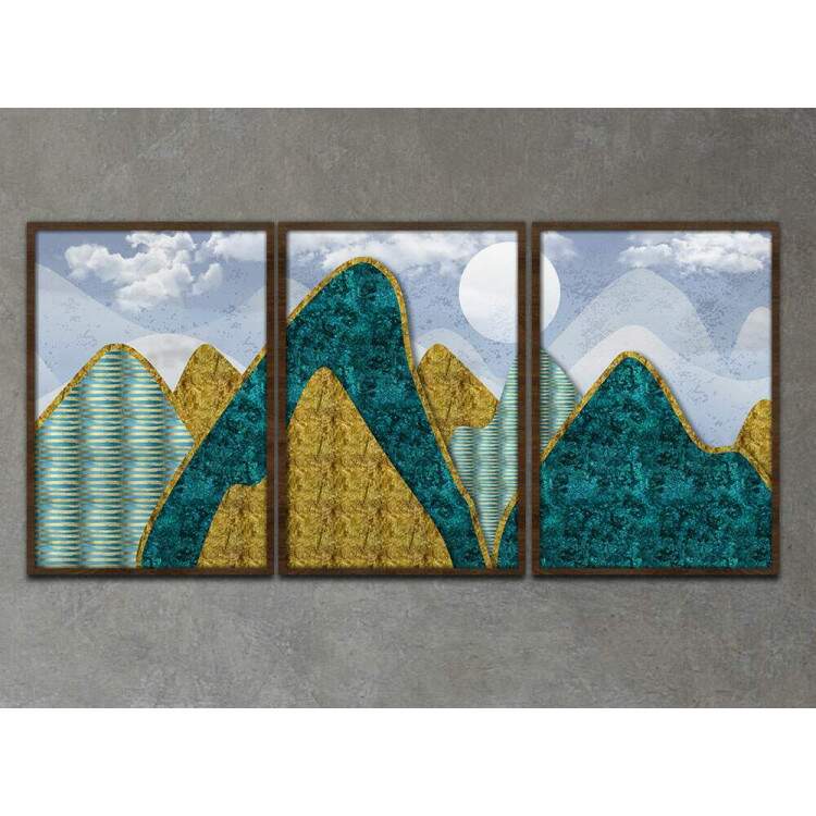 Kit 3 Quadros Decorativos Abstrato Montanhas Desenhadas Cor Verde e Amarelo