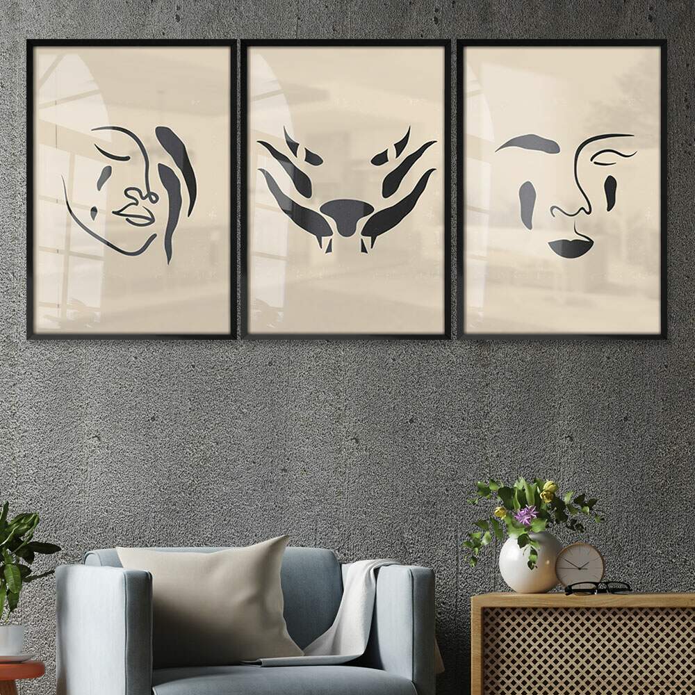 Kit 3 Quadros Decorativos Abstrato Pintura de Tra�os de Mulher