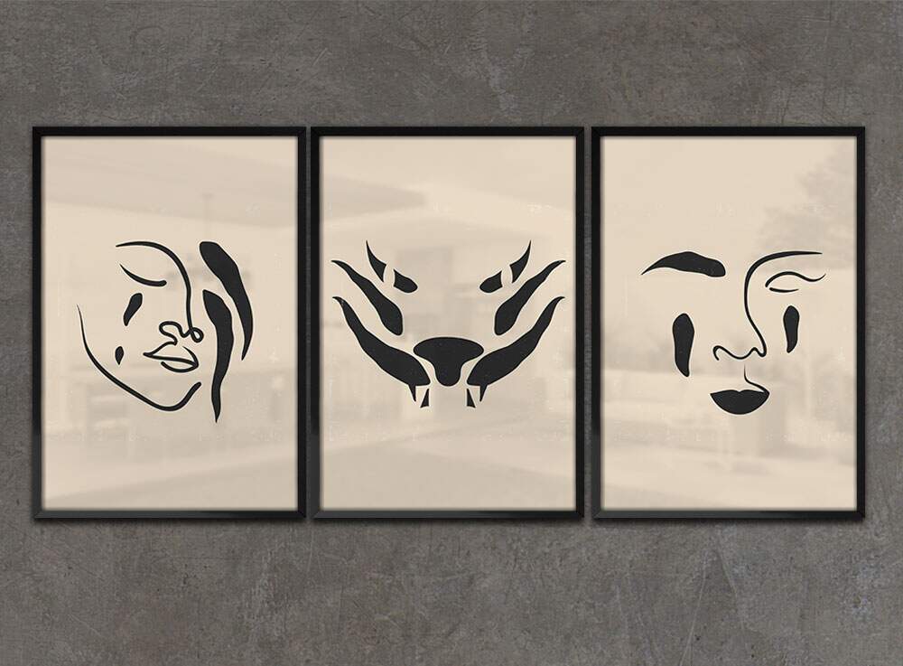 Kit 3 Quadros Decorativos Abstrato Pintura de Tra�os de Mulher