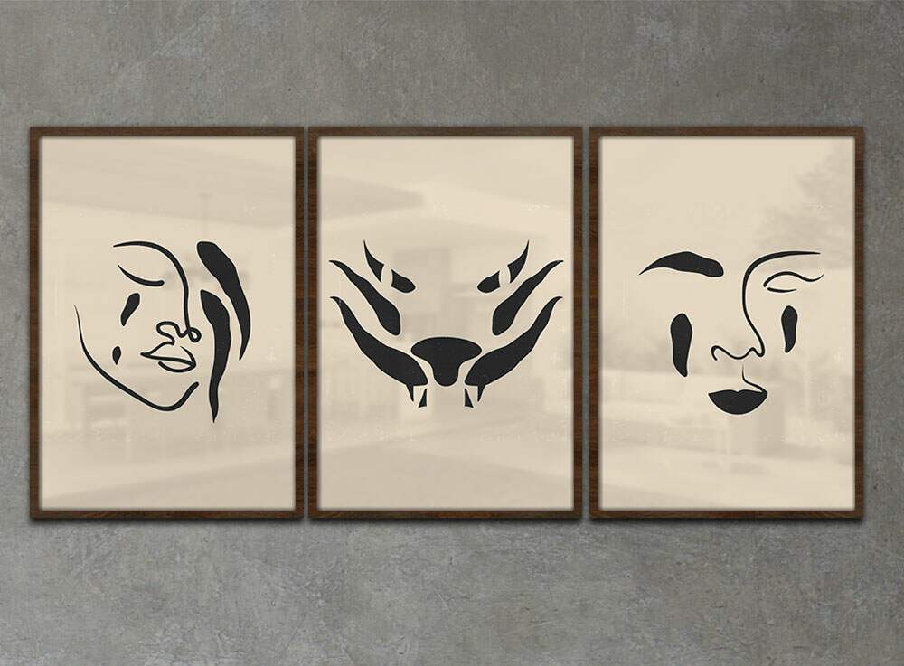 Kit 3 Quadros Decorativos Abstrato Pintura de Tra�os de Mulher