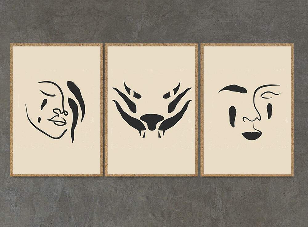 Kit 3 Quadros Decorativos Abstrato Pintura de Tra�os de Mulher