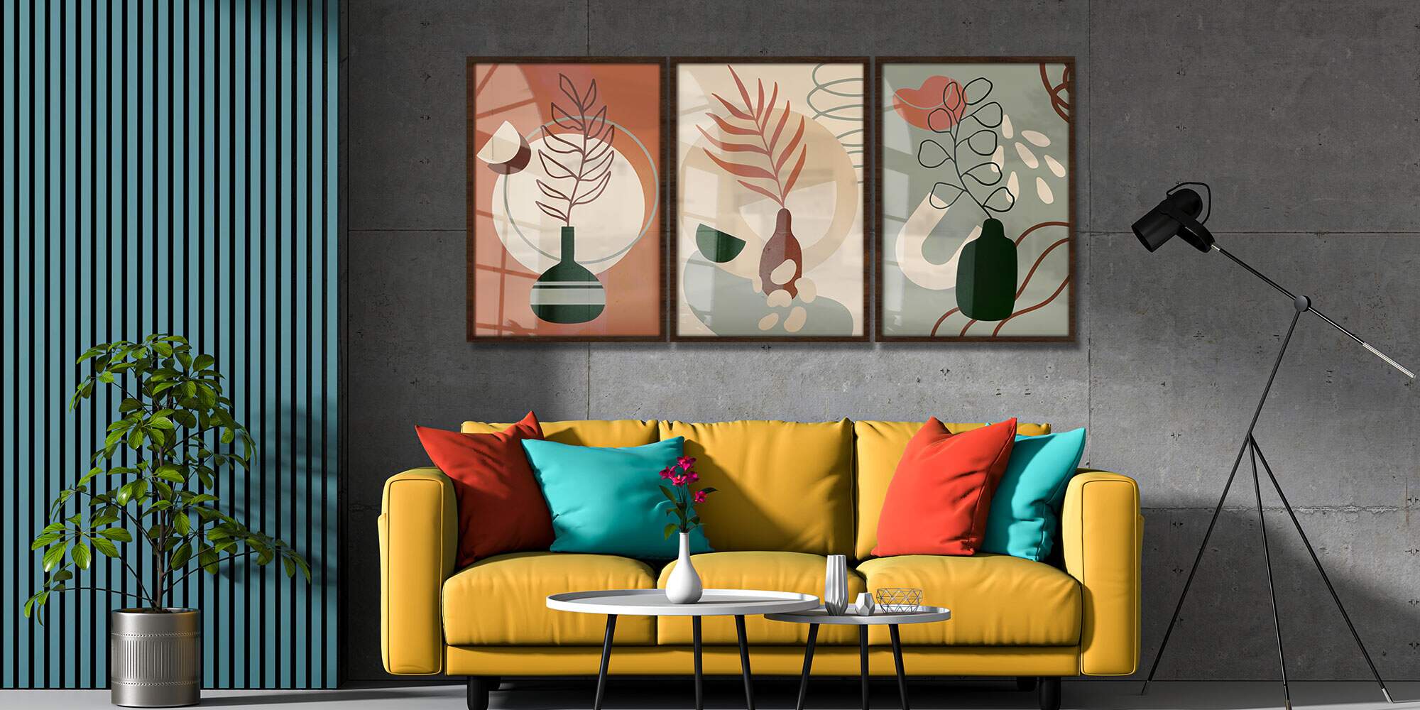 Kit 3 Quadros Decorativos Abstrato Vasos de Plantas Tons de Marrom e Verde