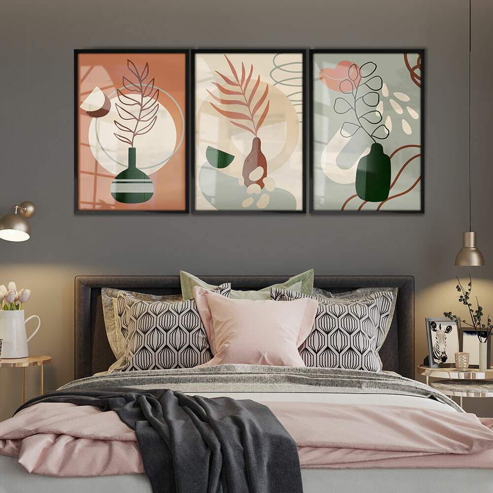 Kit 3 Quadros Decorativos Abstrato Vasos de Plantas Tons de Marrom e Verde