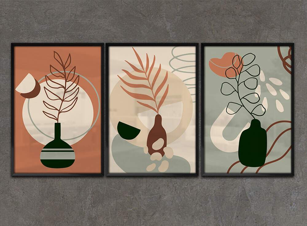 Kit 3 Quadros Decorativos Abstrato Vasos de Plantas Tons de Marrom e Verde