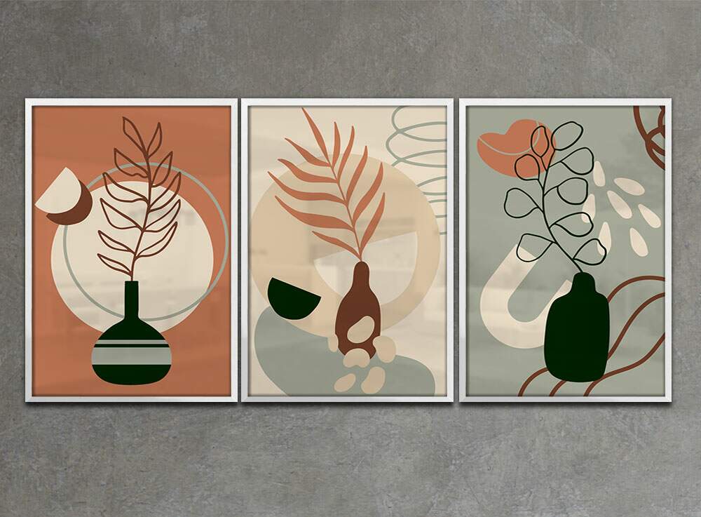 Kit 3 Quadros Decorativos Abstrato Vasos de Plantas Tons de Marrom e Verde