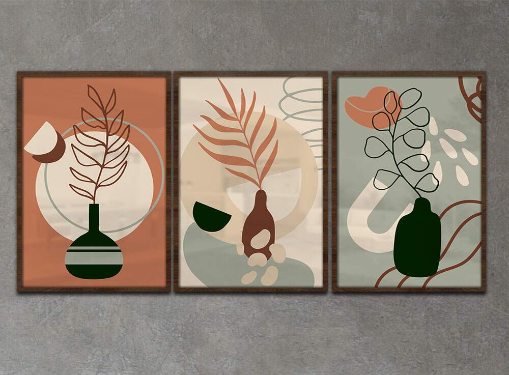 Kit 3 Quadros Decorativos Abstrato Vasos de Plantas Tons de Marrom e Verde