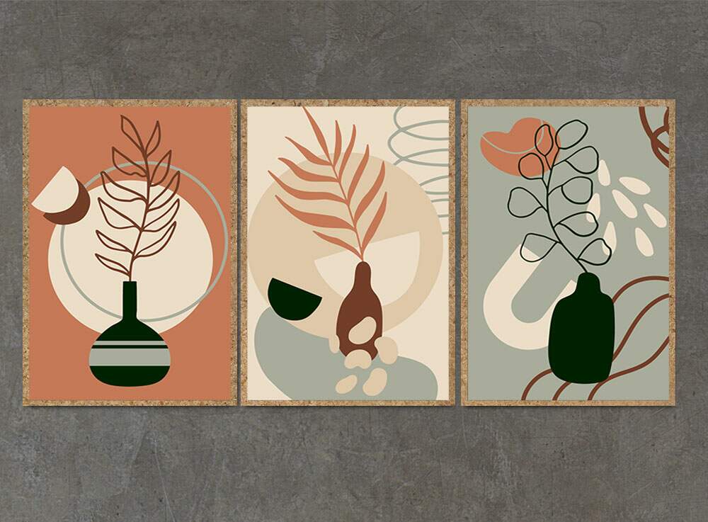 Kit 3 Quadros Decorativos Abstrato Vasos de Plantas Tons de Marrom e Verde