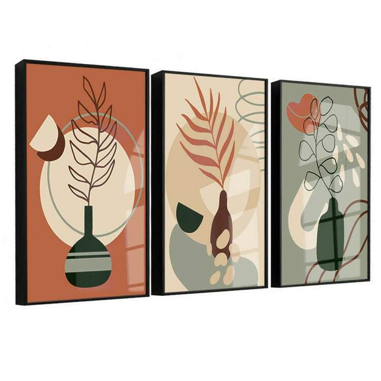 Kit 3 Quadros Decorativos Abstrato Vasos de Plantas Tons de Marrom e Verde