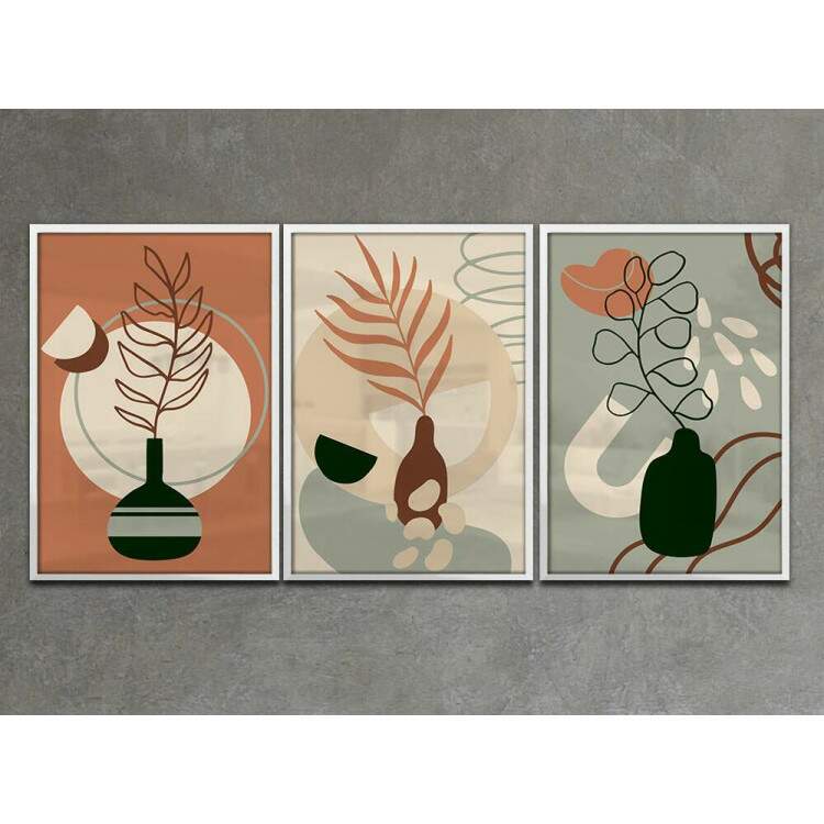 Kit 3 Quadros Decorativos Abstrato Vasos de Plantas Tons de Marrom e Verde