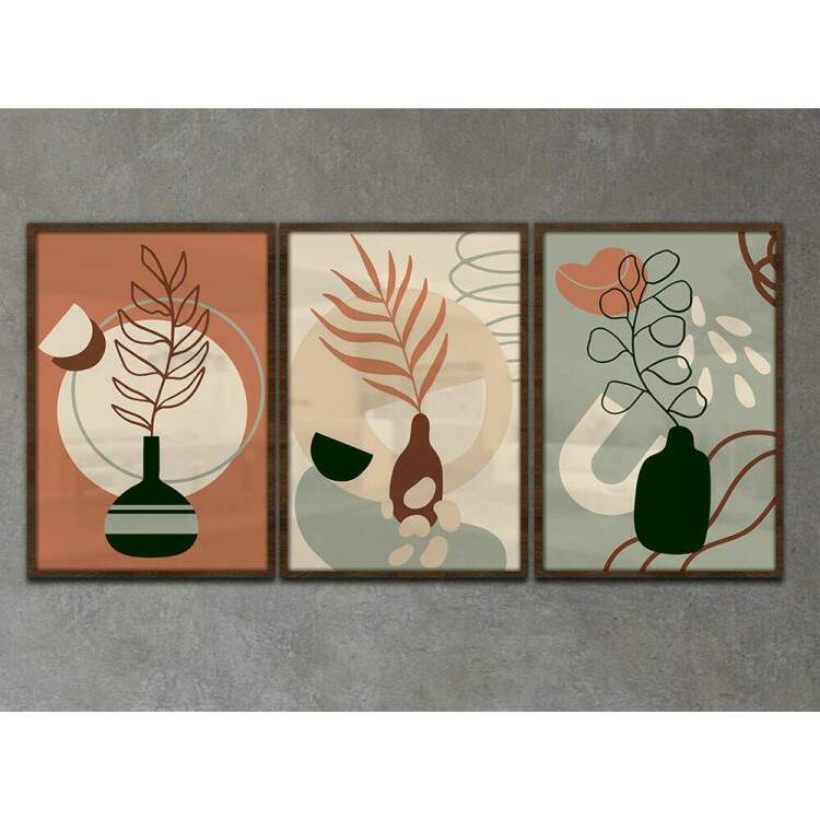 Kit 3 Quadros Decorativos Abstrato Vasos de Plantas Tons de Marrom e Verde