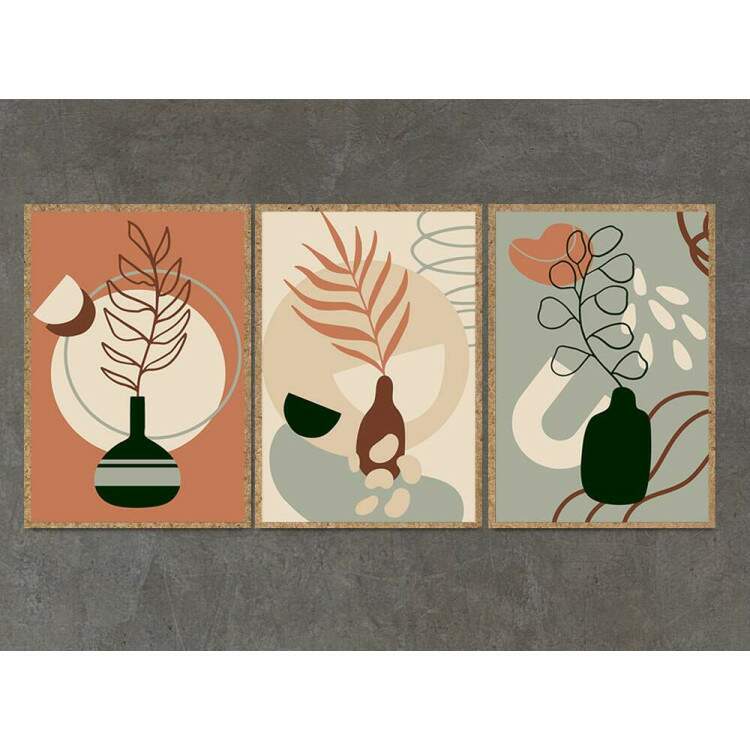 Kit 3 Quadros Decorativos Abstrato Vasos de Plantas Tons de Marrom e Verde