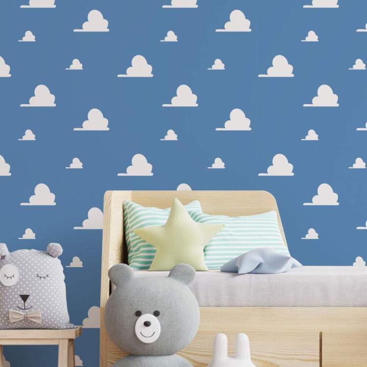 Papel de Parede Infantil Azul com nuvens brancas Mod 079