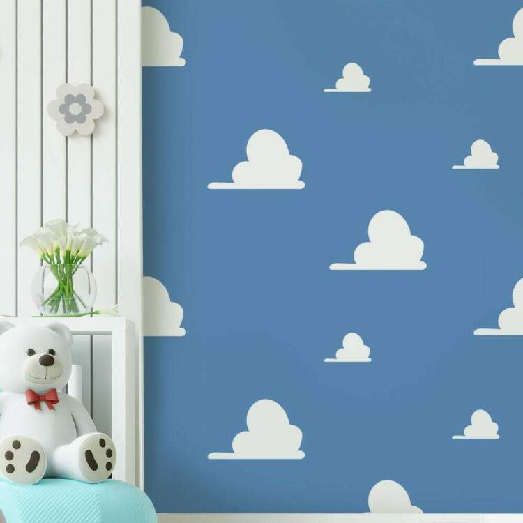 Papel de Parede Infantil Azul com nuvens brancas Mod 079