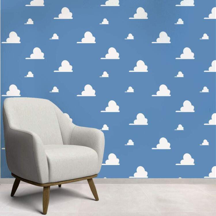 Papel de Parede Infantil Azul com nuvens brancas Mod 079