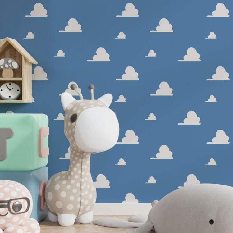 Papel de Parede Infantil Azul com nuvens brancas Mod 079