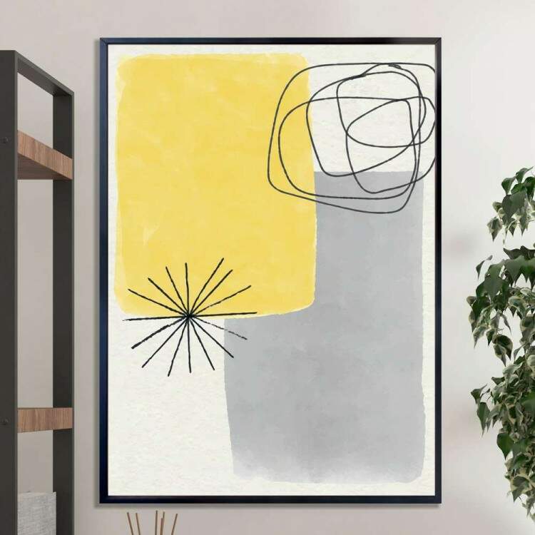 Quadro decorativo - Abstrato Amarelo e Cinza com Detalhe Minimalista