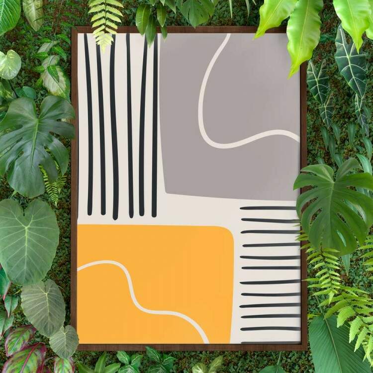 Quadro decorativo - Abstrato Cinza e Amarelo com Detalhes Pretos