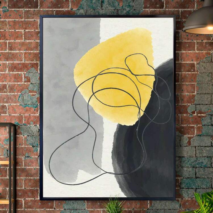 Quadro decorativo - Abstrato Cinza e Preto com Detalhe Amarelo