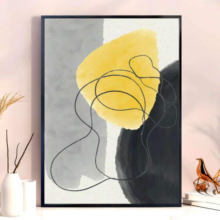 Quadro decorativo - Abstrato Cinza e Preto com Detalhe Amarelo