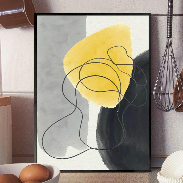 Quadro decorativo - Abstrato Cinza e Preto com Detalhe Amarelo