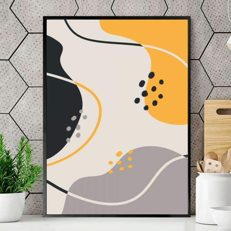 Quadro decorativo - Abstrato com Detalhe Cinza, Preto e Amarelo