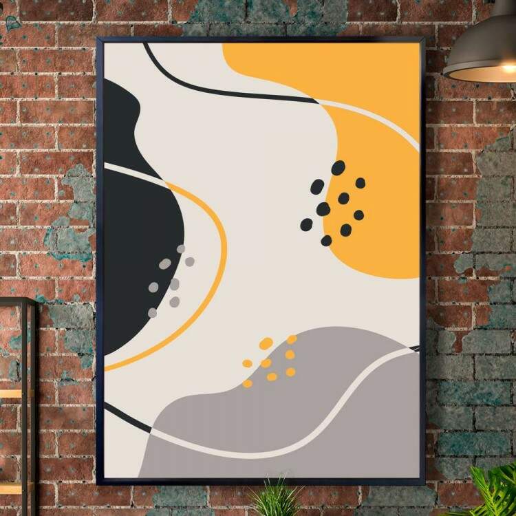 Quadro decorativo - Abstrato com Detalhe Cinza, Preto e Amarelo