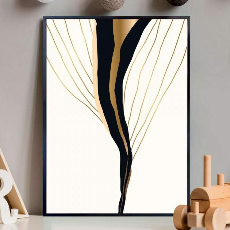 Quadro decorativo - Abstrato com Detalhe Dourado e Fundo Branco