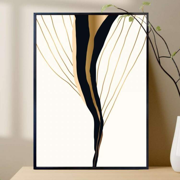Quadro decorativo - Abstrato com Detalhe Dourado e Fundo Branco