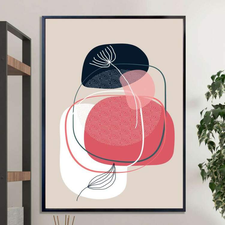 Quadro decorativo - Abstrato com Traos de Plantas e Detalhe Rosa, Branco e Azul