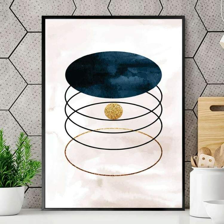 Quadro decorativo - Abstrato Forma Geomtrica Azul com Detalhe Dourado e Fundo Branco