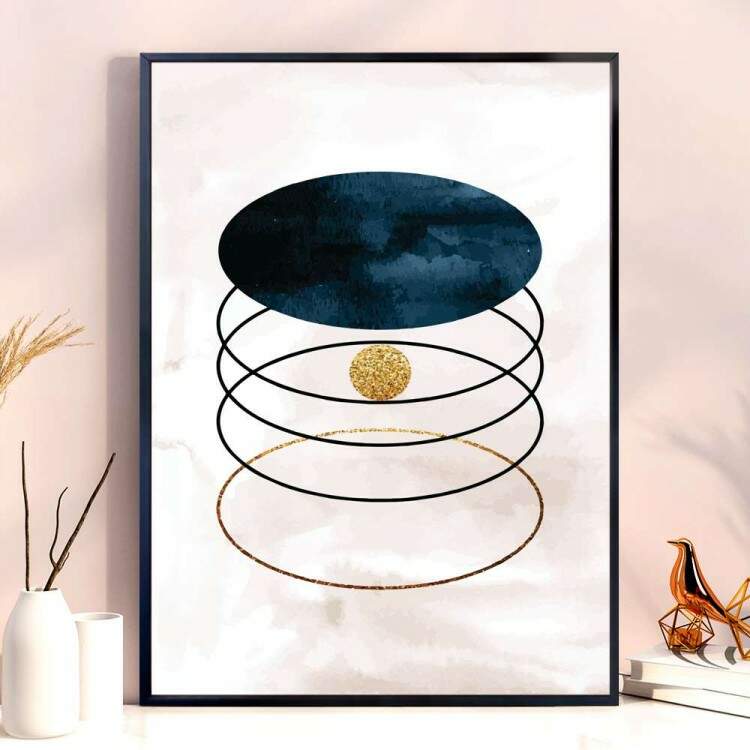 Quadro decorativo - Abstrato Forma Geomtrica Azul com Detalhe Dourado e Fundo Branco