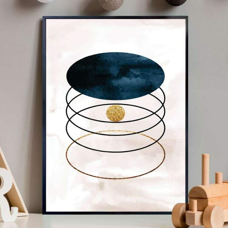 Quadro decorativo - Abstrato Forma Geomtrica Azul com Detalhe Dourado e Fundo Branco