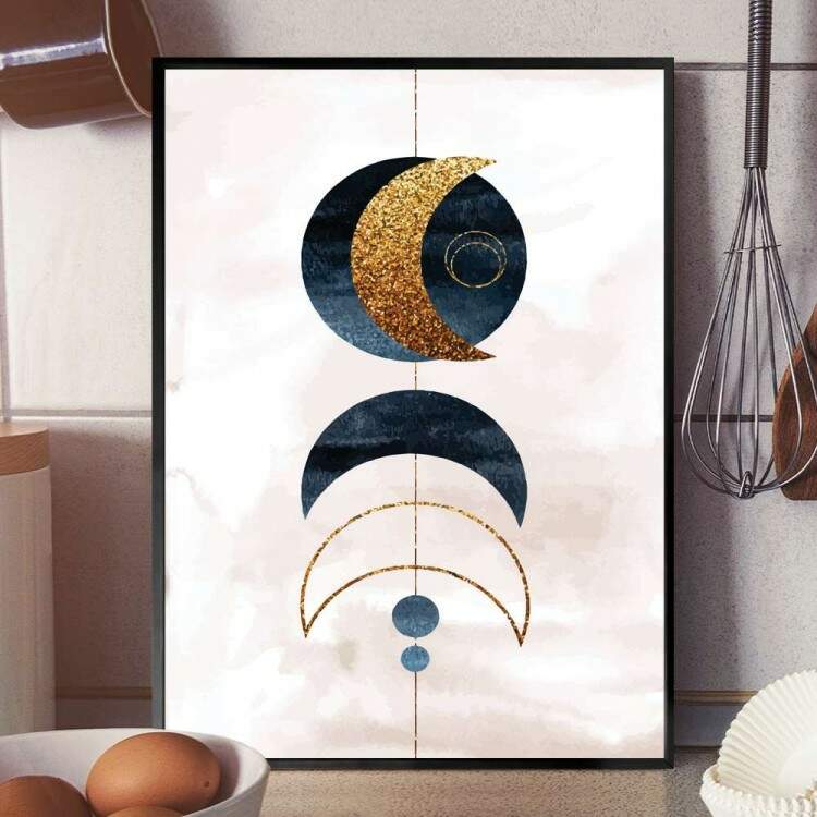 Quadro decorativo - Abstrato Formato de Lua Azul e Dourado com o Fundo Branco