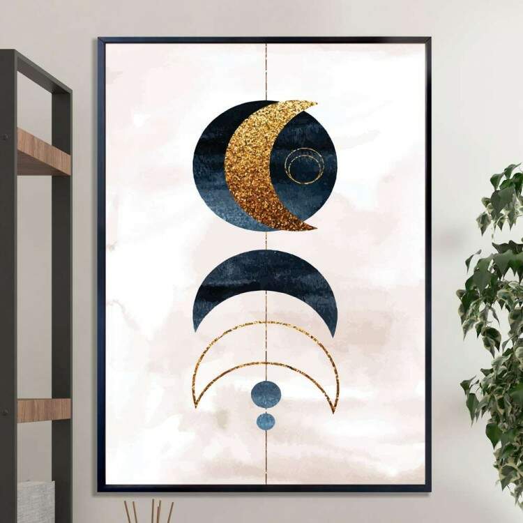 Quadro decorativo - Abstrato Formato de Lua Azul e Dourado com o Fundo Branco