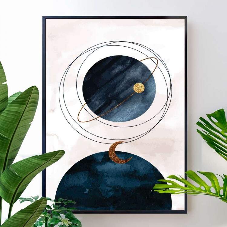 Quadro decorativo - Abstrato Planeta Saturno Detalhe Dourado Fundo Branco