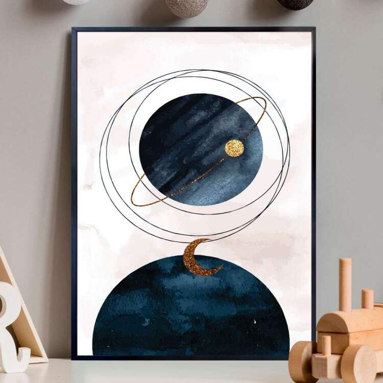 Quadro decorativo - Abstrato Planeta Saturno Detalhe Dourado Fundo Branco