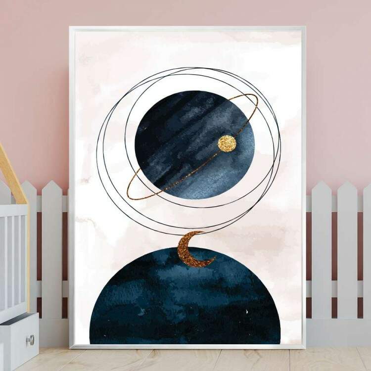 Quadro decorativo - Abstrato Planeta Saturno Detalhe Dourado Fundo Branco
