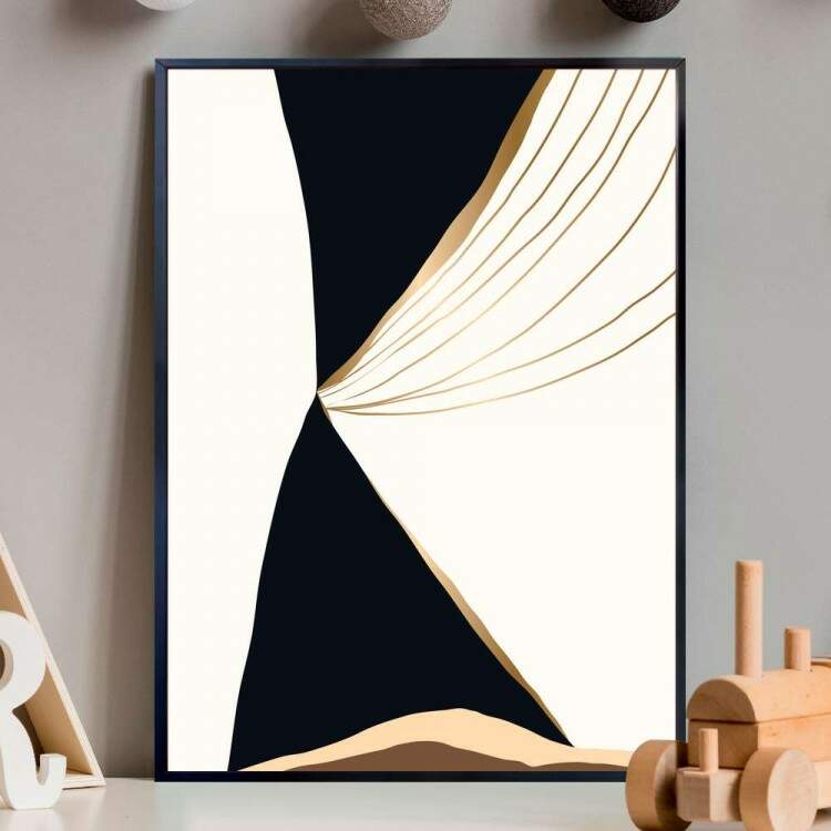 Quadro decorativo - Abstrato Preto e Branco com Detalhe Dourado