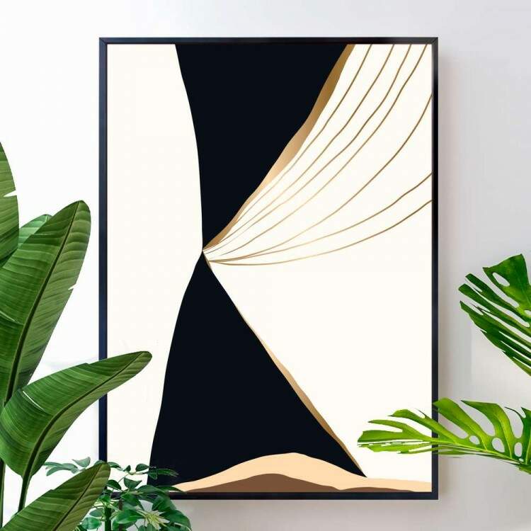 Quadro decorativo - Abstrato Preto e Branco com Detalhe Dourado