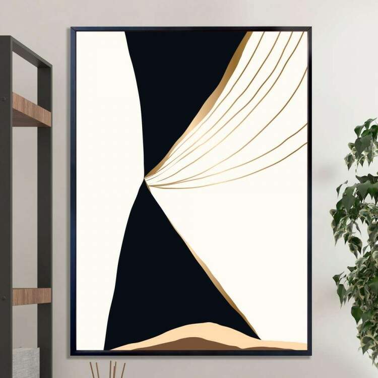 Quadro decorativo - Abstrato Preto e Branco com Detalhe Dourado