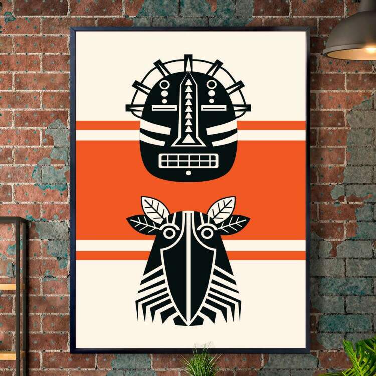 Quadro decorativo - Estilo Africano com Fundo Branco e Listra Laranja