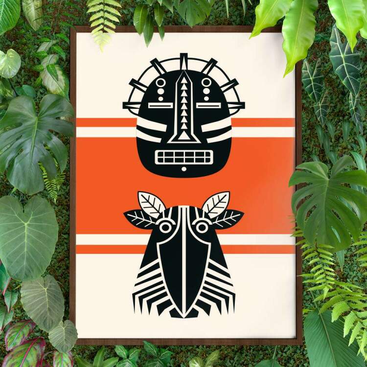 Quadro decorativo - Estilo Africano com Fundo Branco e Listra Laranja