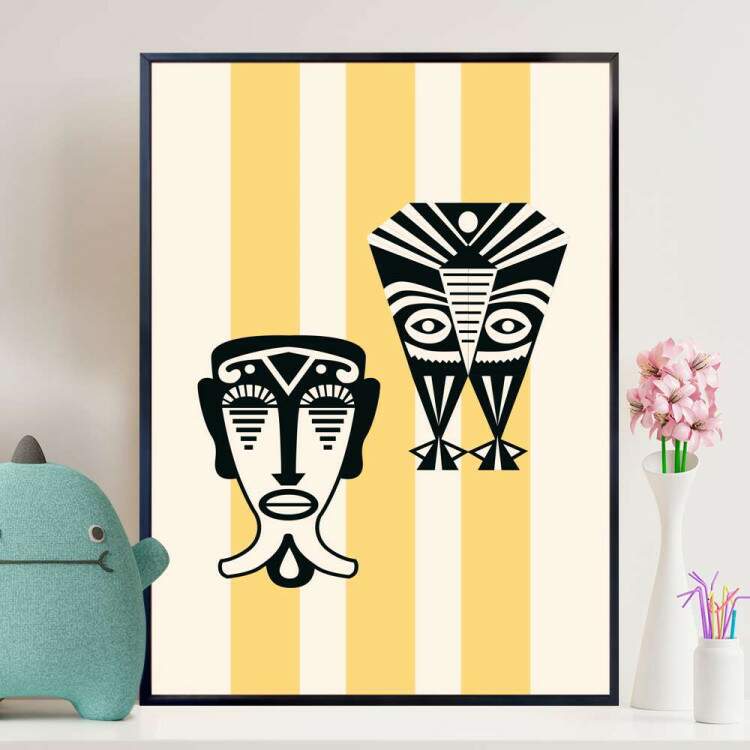 Quadro Decorativo Estilo Africano Fundo Amarelo e Branco Listrado