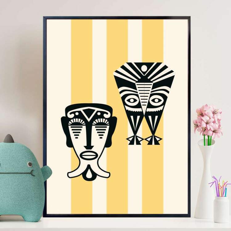 Quadro decorativo - Estilo Africano Fundo Amarelo e Branco Listrado