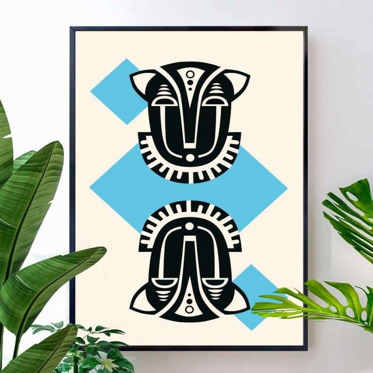 Quadro decorativo - Estilo Africano Fundo Azul Claro e Branco