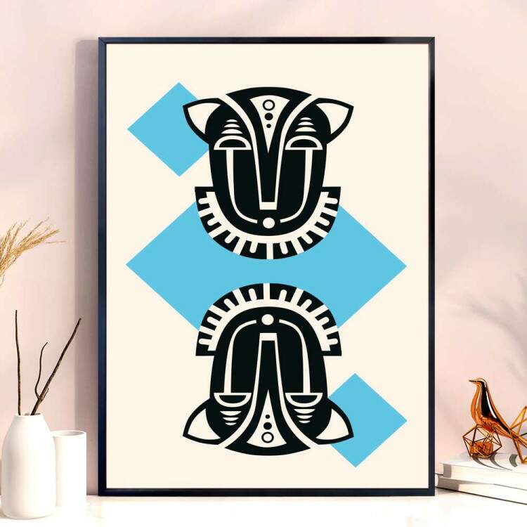 Quadro decorativo - Estilo Africano Fundo Azul Claro e Branco