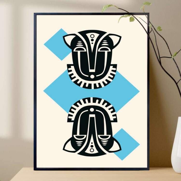 Quadro decorativo - Estilo Africano Fundo Azul Claro e Branco